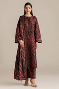 Burgundy Chunri - 3Pc Lawn Suit With Chiffon Dupatta | Ready To Wear