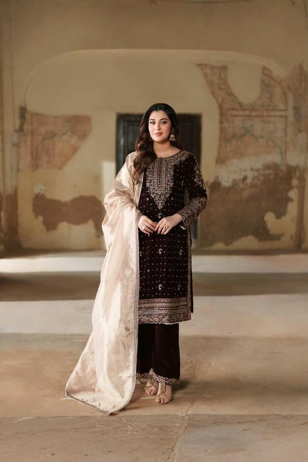 3 Piece Stitched Velvet Embroidery Suit - Ready To Wear