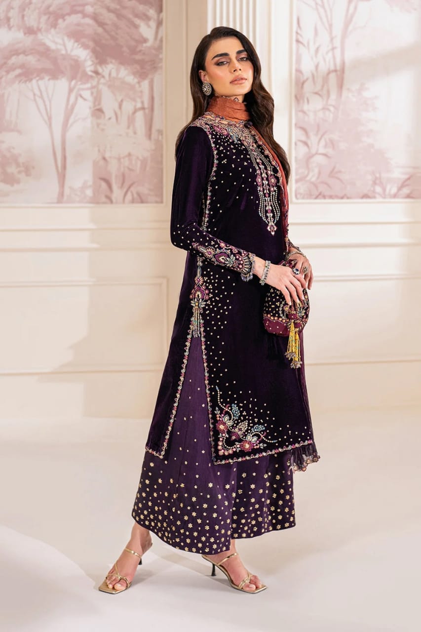 3 Piece Stitched Velvet Embroidered Suit - Ready To Wear
