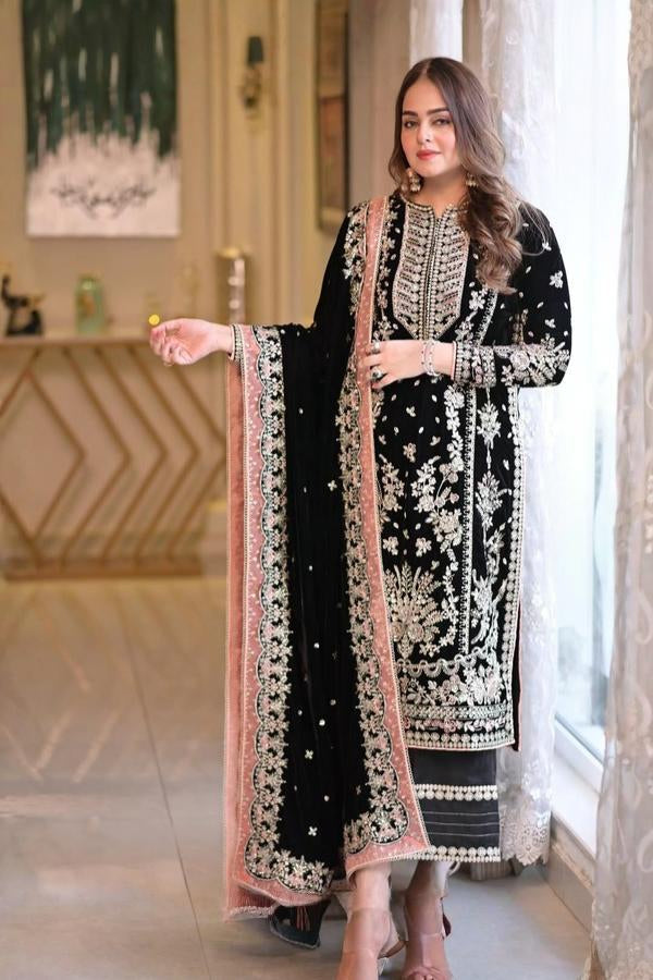 3 Piece Stitched Embroidery Velvet Suit - Ready To Wear