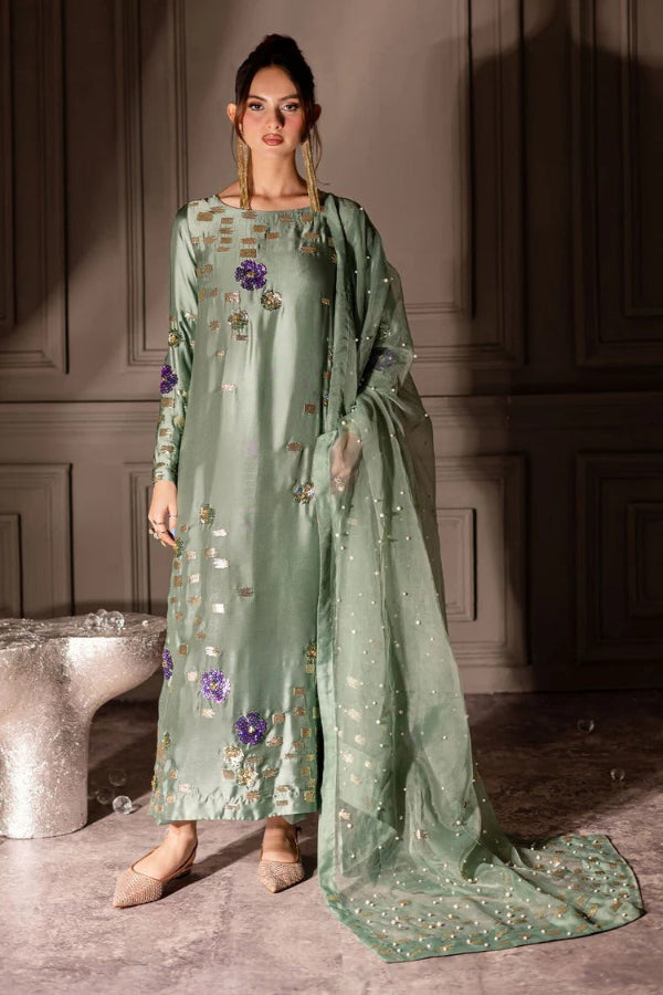3 Piece Stitched Raw Silk Suit - Ready To Wear
