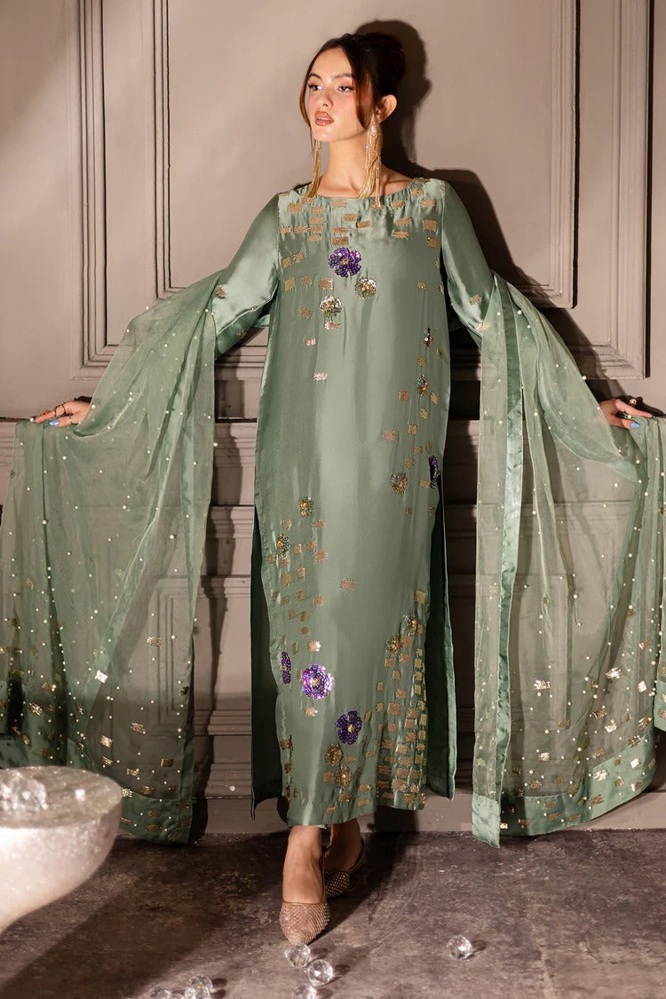 3 Piece Stitched Raw Silk Suit - Ready To Wear
