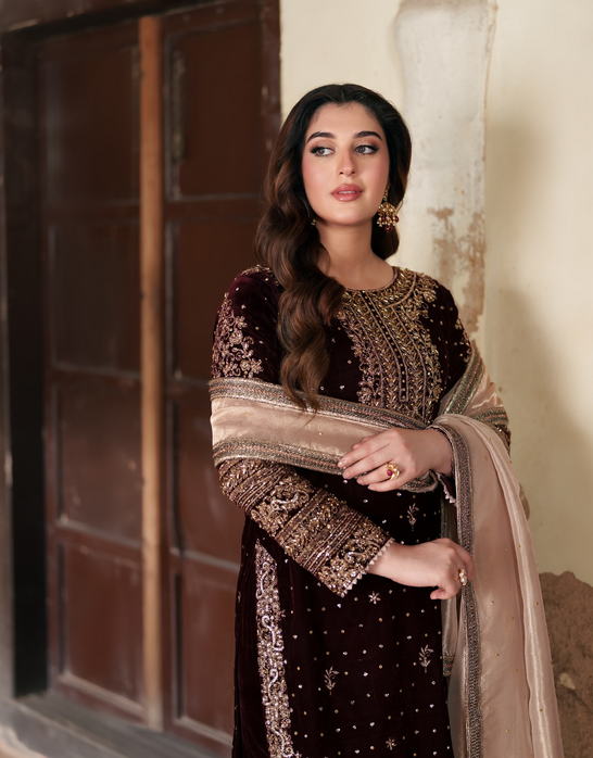 3 Piece Stitched Velvet Embroidery Suit - Ready To Wear