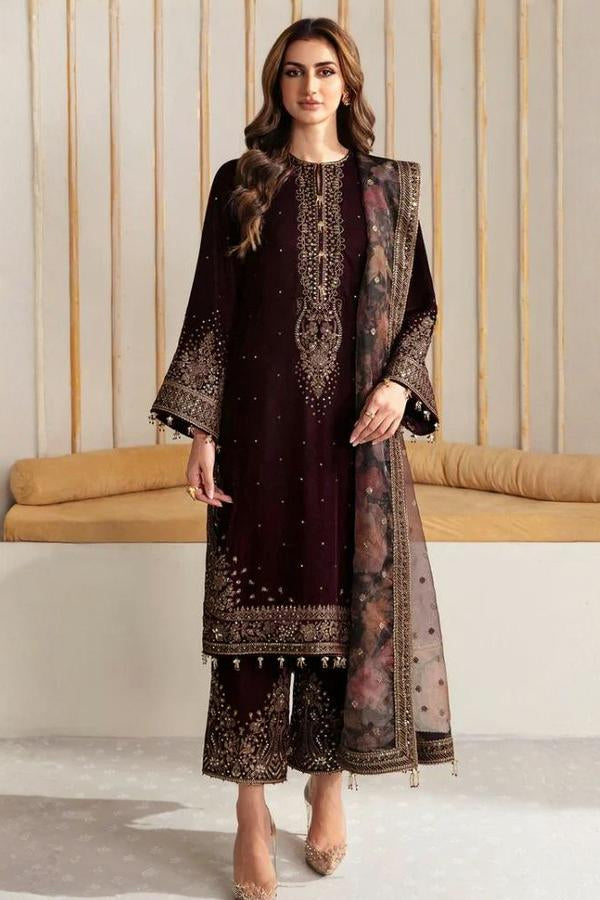 3 Piece Stitched Velvet Suit - Ready To Wear