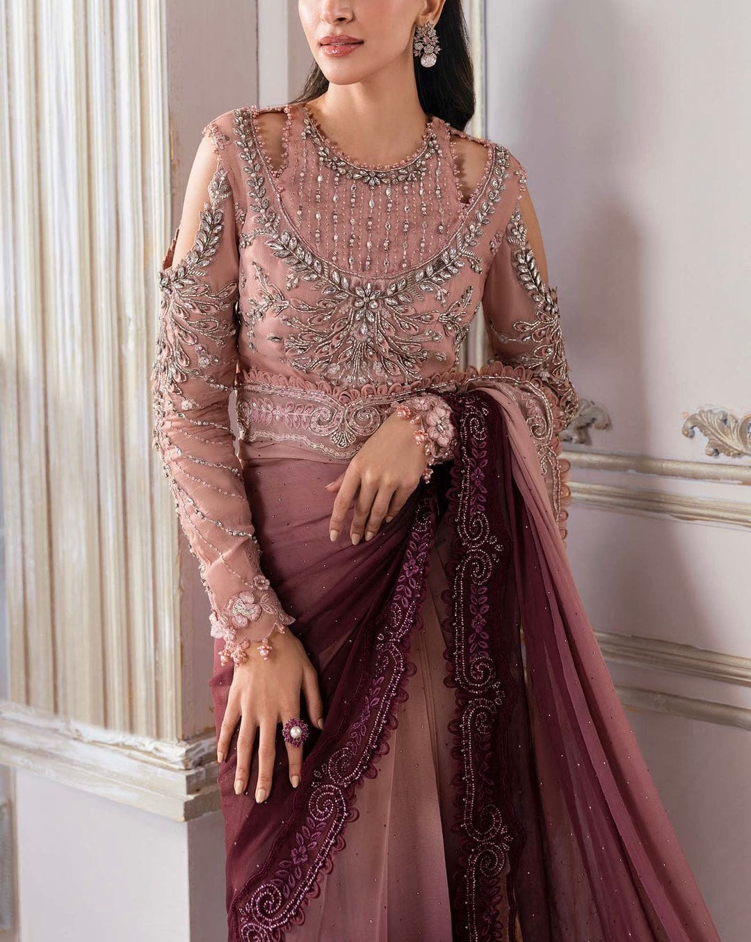 Stitched Embroidered Chiffon Saare - Ready To Wear