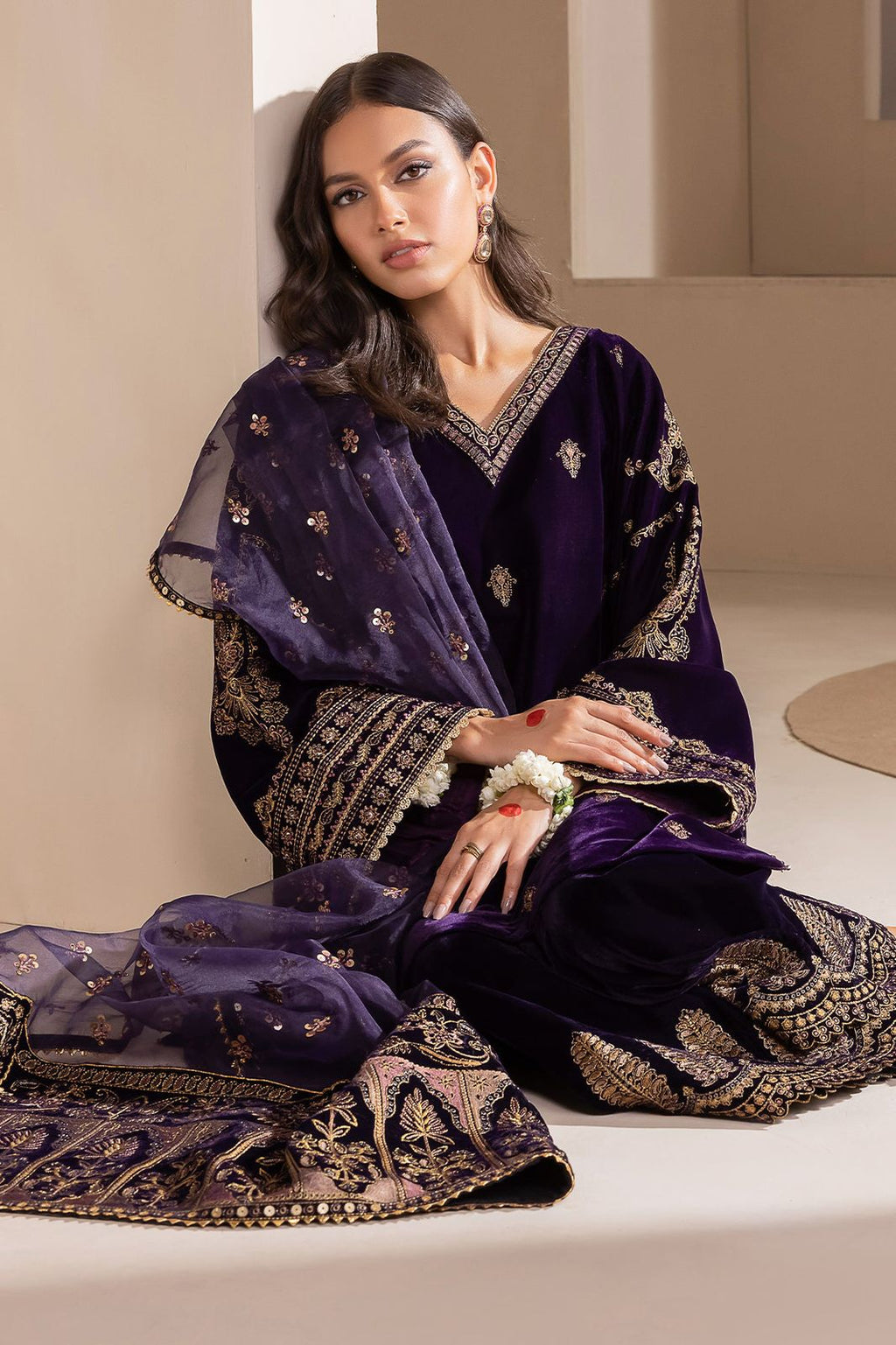 3 Piece Stitched Velvet Suit - Ready To Wear